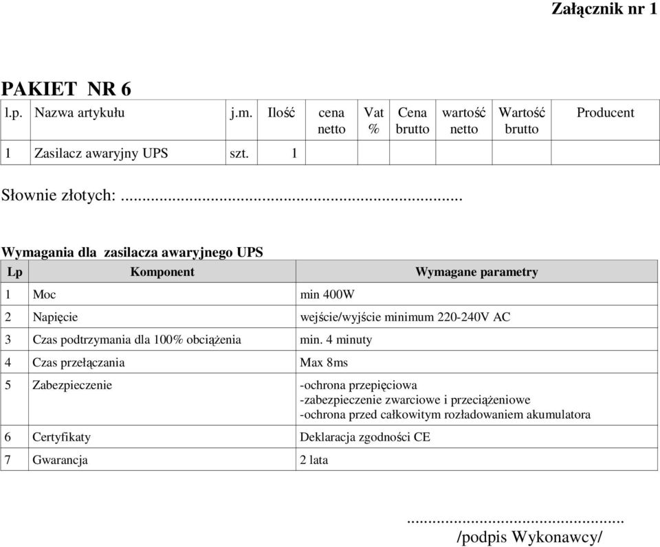 minimum 220-240V AC 3 Czas podtrzymania dla 100 obciążenia min.