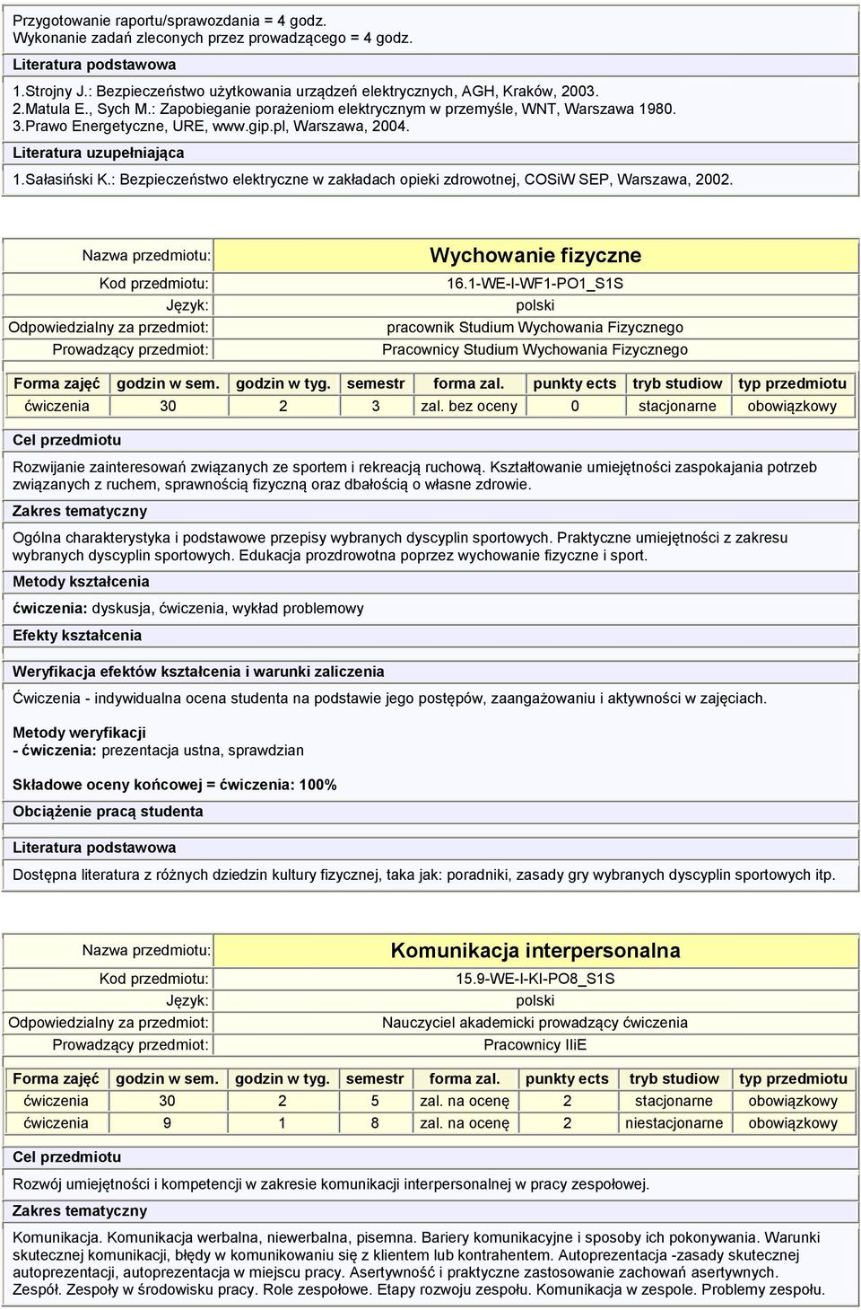 : Bezpieczeństwo elektryczne w zakładach opieki zdrowotnej, COSiW SEP, Warszawa, 2002. Odpowiedzialny za przedmiot: Wychowanie fizyczne 16.