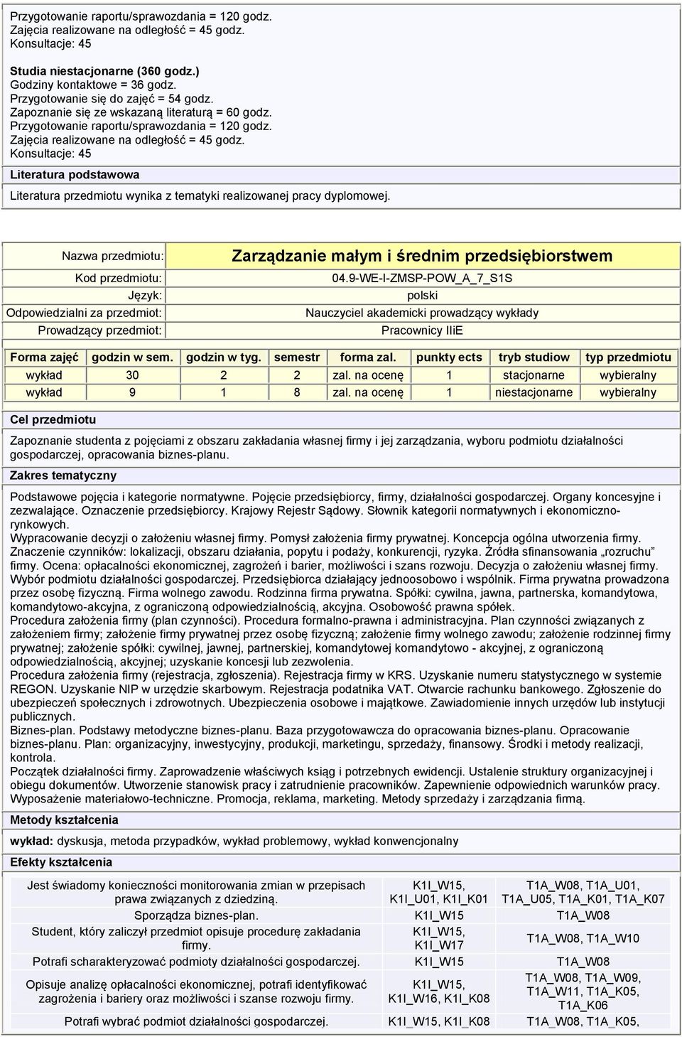 Konsultacje: 45 Literatura przedmiotu wynika z tematyki realizowanej pracy dyplomowej. Odpowiedzialni za przedmiot: Zarządzanie małym i średnim przedsiębiorstwem 04.