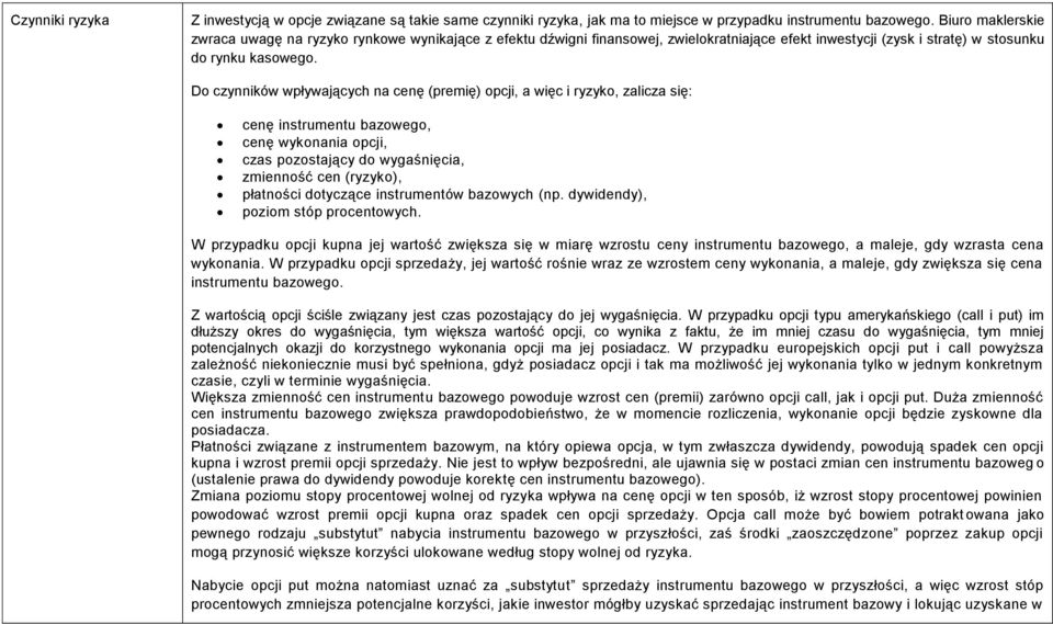 Do czynników wpływających na cenę (premię) opcji, a więc i ryzyko, zalicza się: cenę instrumentu bazowego, cenę wykonania opcji, czas pozostający do wygaśnięcia, zmienność cen (ryzyko), płatności