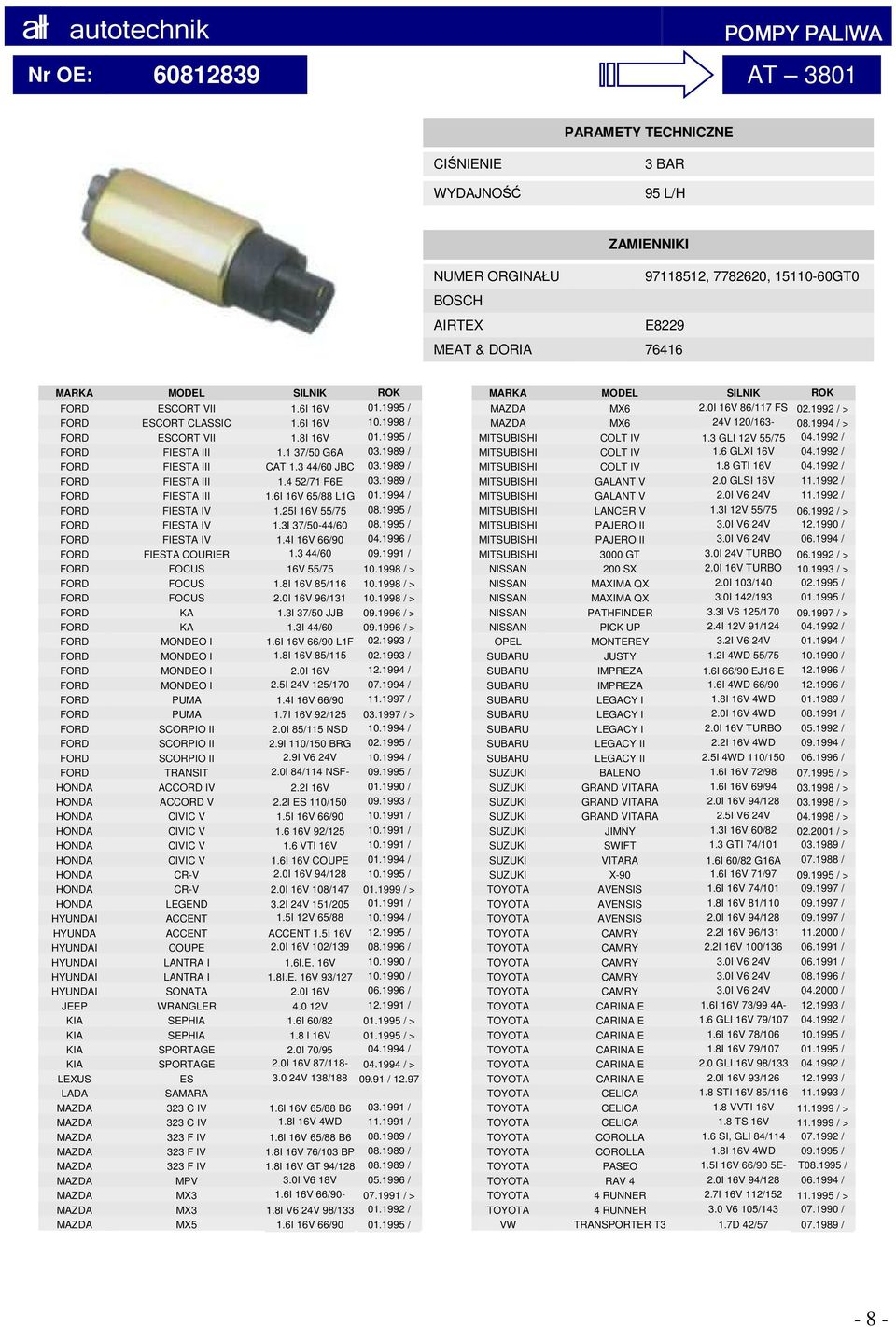 6I 16V 65/88 L1G 01.1994 12.1992 / FORD FIESTA IV 1.25I 16V 55/75 08.1995 12.1995 / 01.2002 FORD FIESTA IV 1.3I 37/50-44/60 08.1995 / FORD FIESTA IV 1.4I 16V 66/90 04.1996 01.