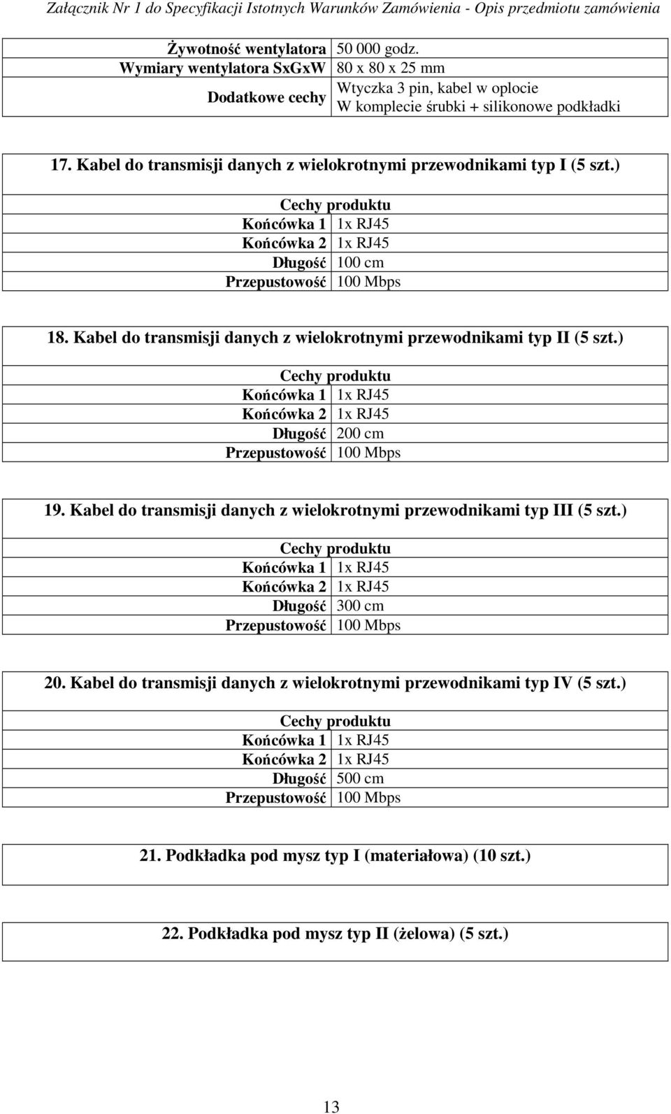 Kabel do transmisji danych z wielokrotnymi przewodnikami typ II (5 szt.) Cechy produktu Końcówka 1 1x RJ45 Końcówka 2 1x RJ45 Długość 200 cm Przepustowość 100 Mbps 19.