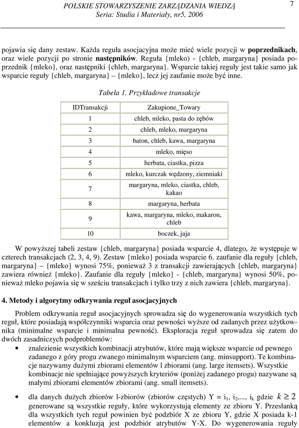 Reguła {mleko) - {chleb, margaryna} posiada poprzednik {mleko}, oraz następniki {chleb, margaryna}.