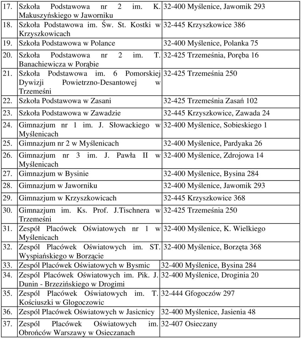 6 Pomorskiej 32-425 Trzemeśnia 250 Dywizji Powietrzno-Desantowej w Trzemeśni 22. Szkoła Podstawowa w Zasani 32-425 Trzemeśnia Zasań 102 23.