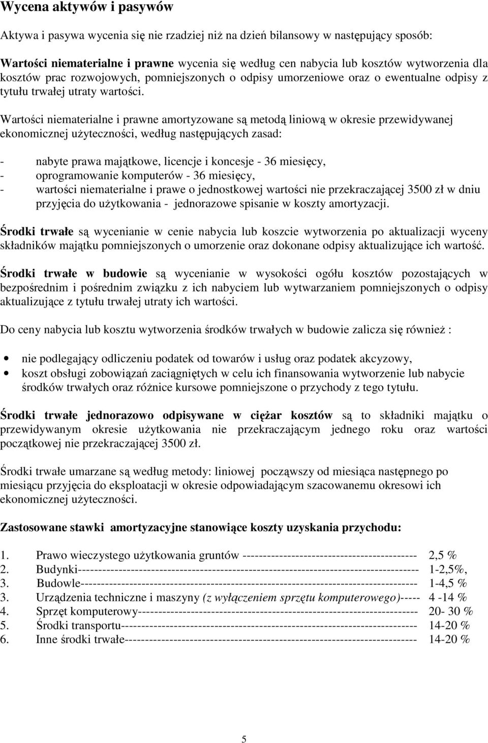 Wartości niematerialne i prawne amortyzowane są metodą liniową w okresie przewidywanej ekonomicznej użyteczności, według następujących zasad: - nabyte prawa majątkowe, licencje i koncesje - 36