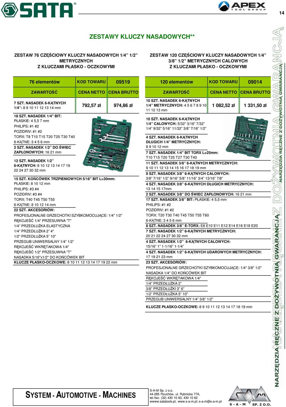 NASADEK 1/4" BIT: PŁASKIE: 4 5,5 7 PHIIPS: #1 #2 POZIDRIV: #1 #2 TORX: T8 T10 T15 T20 T25 T30 T40 6-KĄTNE: 3 4 5 6 2 SZT. NASADEK 1/2 DO ŚWIEC ZAPŁONOWYCH: 16 21 12 SZT.