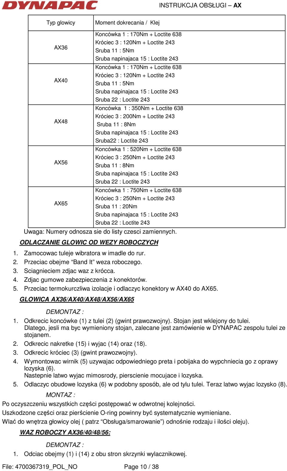 243 Sruba 11 : 8Nm Sruba napinajaca 15 : Loctite 243 Sruba22 : Loctite 243 Koncówka 1 : 520Nm + Loctite 638 Króciec 3 : 250Nm + Loctite 243 Sruba 11 : 8Nm Sruba napinajaca 15 : Loctite 243 Sruba 22 :