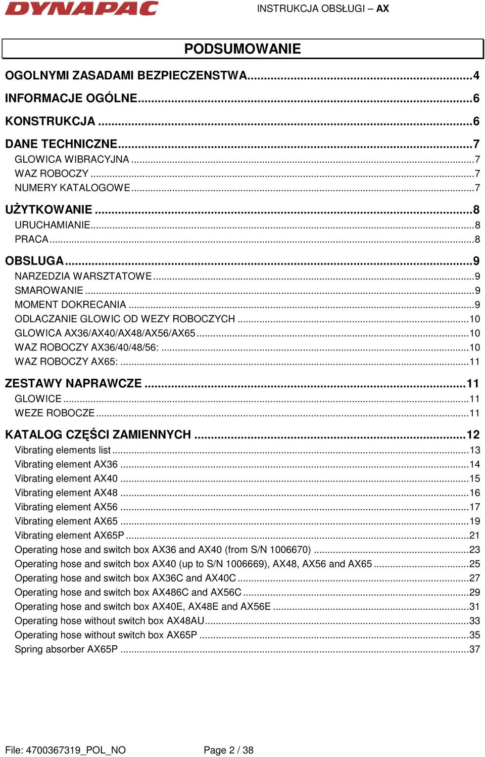 ..10 WAZ ROBOCZY AX36/40/48/56:...10 WAZ ROBOCZY AX65:...11 ZESTAWY NAPRAWCZE...11 GLOWICE...11 WEZE ROBOCZE...11 KATALOG CZĘŚCI ZAMIENNYCH...12 Vibrating elements list...13 Vibrating element AX36.