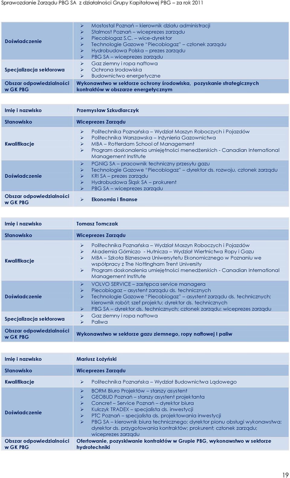 Wykonawstwo w sektorze ochrony środowiska, pozyskanie strategicznych kontraktów w obszarze energetycznym Imię i nazwisko Stanowisko Kwalifikacje Doświadczenie Obszar odpowiedzialności w GK PBG