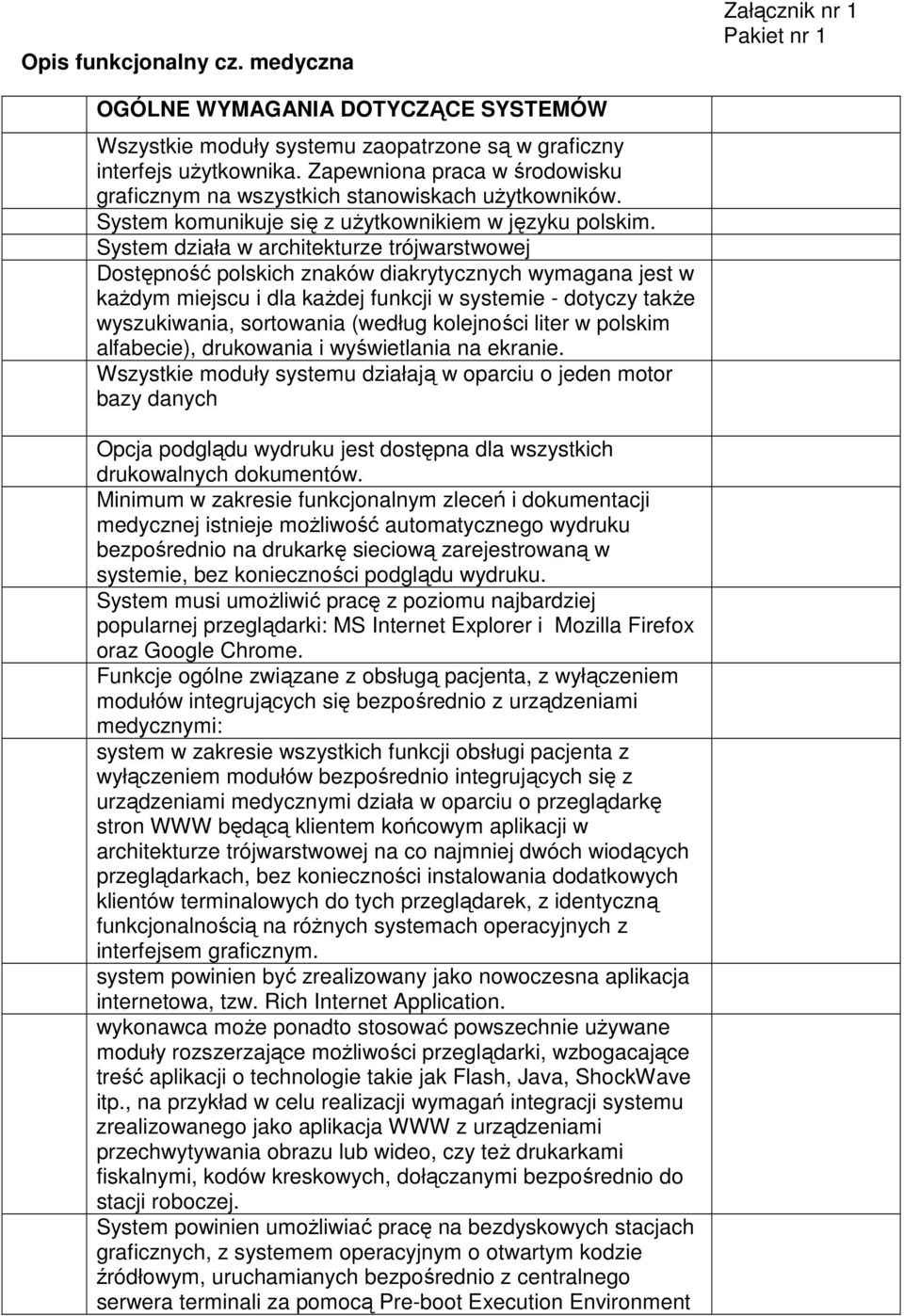 System działa w architekturze trójwarstwowej Dostępność polskich znaków diakrytycznych wymagana jest w każdym miejscu i dla każdej funkcji w systemie - dotyczy także wyszukiwania, sortowania (według