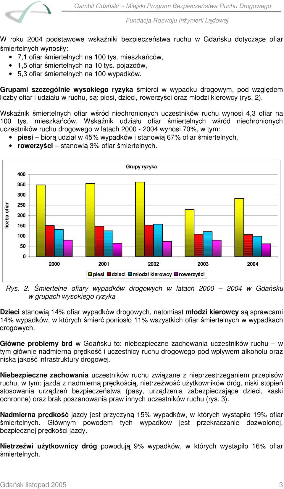 Grupami szczególnie wysokiego ryzyka śmierci w wypadku drogowym, pod względem liczby ofiar i udziału w ruchu, są: piesi, dzieci, rowerzyści oraz młodzi kierowcy (rys. 2).
