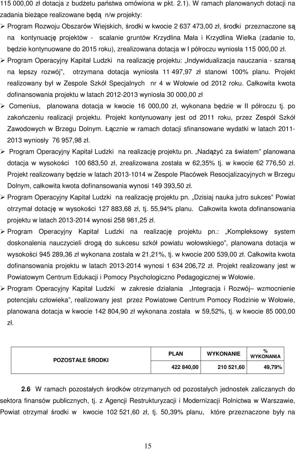 scalanie gruntów Krzydlina Mała i Krzydlina Wielka (zadanie to, będzie kontynuowane do 2015 roku), zrealizowana dotacja w I półroczu wyniosła 115 000,00 zł.