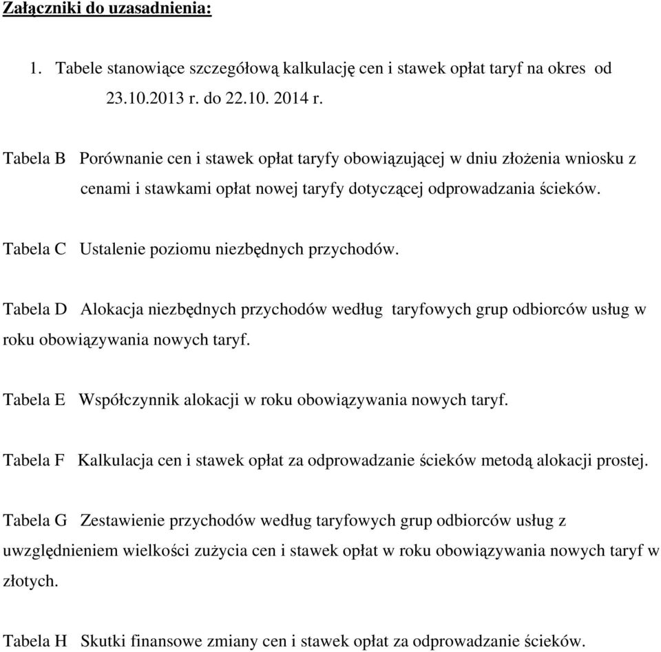 Tabela C Ustalenie poziomu niezbędnych przychodów. Tabela D Alokacja niezbędnych przychodów według taryfowych grup odbiorców usług w roku obowiązywania nowych taryf.