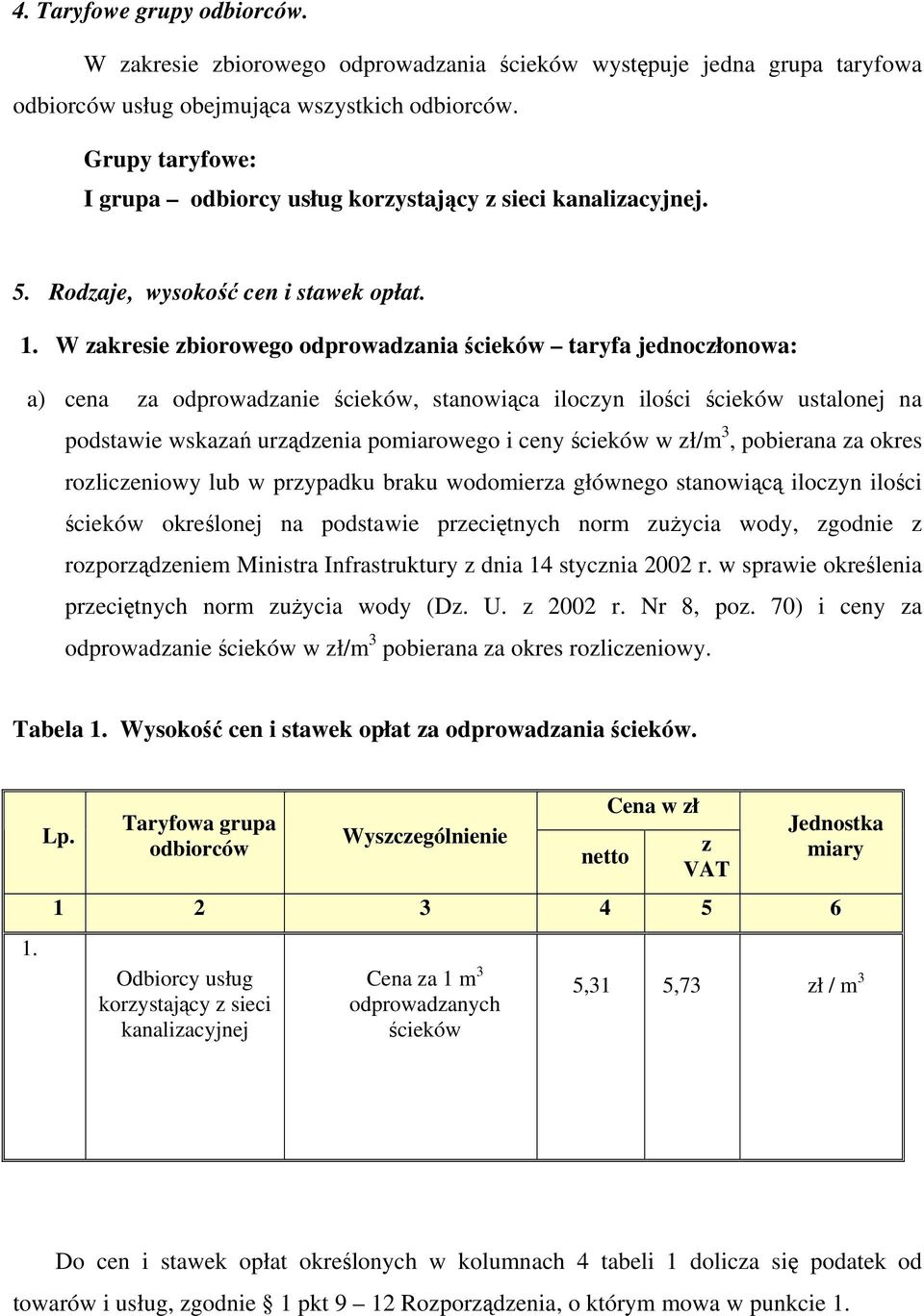 W zakresie zbiorowego odprowadzania ścieków taryfa jednoczłonowa: a) cena za odprowadzanie ścieków, stanowiąca iloczyn ilości ścieków ustalonej na podstawie wskazań urządzenia pomiarowego i ceny