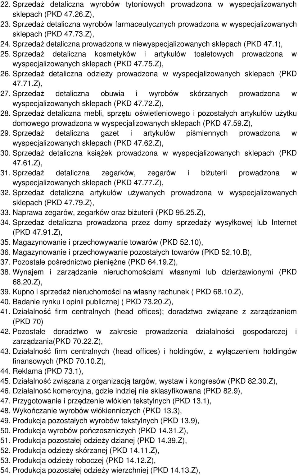 Z), 26. Sprzedaż detaliczna odzieży prowadzona w wyspecjalizowanych sklepach (PKD 47.71.Z), 27. Sprzedaż detaliczna obuwia i wyrobów skórzanych prowadzona w wyspecjalizowanych sklepach (PKD 47.72.