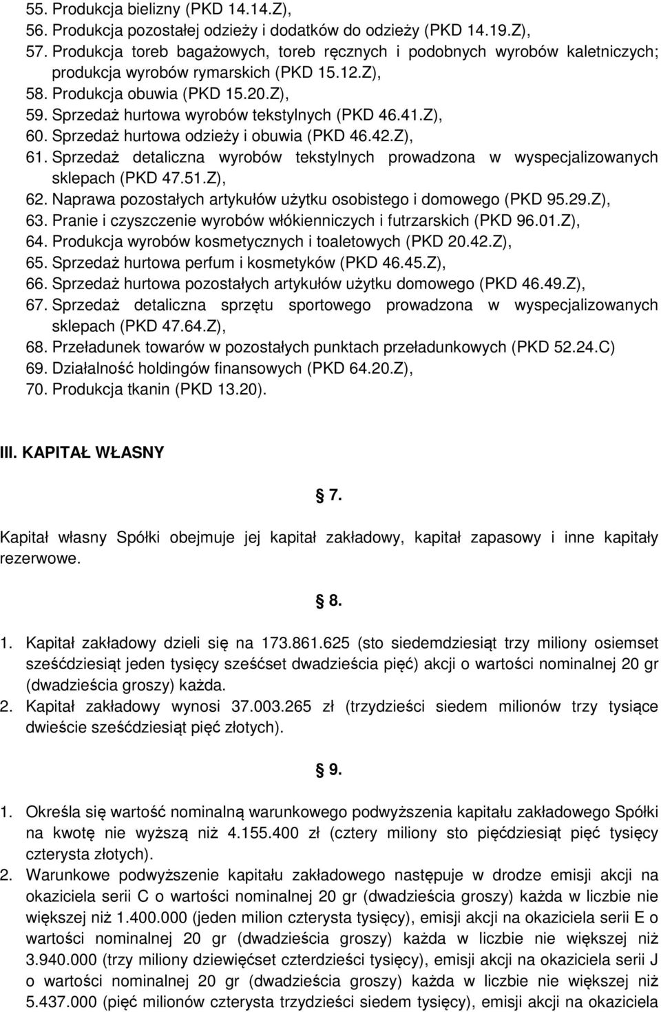 Sprzedaż hurtowa wyrobów tekstylnych (PKD 46.41.Z), 60. Sprzedaż hurtowa odzieży i obuwia (PKD 46.42.Z), 61. Sprzedaż detaliczna wyrobów tekstylnych prowadzona w wyspecjalizowanych sklepach (PKD 47.
