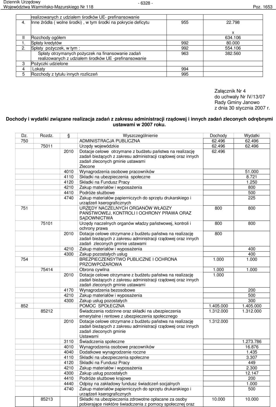 560 realizowanych z udziałem środków UE prefinansowanie 3 PoŜyczki udzielone 4 Lokaty 994 5 Rozchody z tytułu innych rozliczeń 995 Załącznik Nr 4 do uchwały Nr IV/13/07 Rady Gminy Janowo z dnia 30