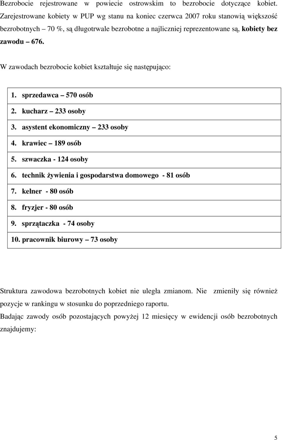 W zawodach bezrobocie kobiet kszta tuje si nast puj co: 1. sprzedawca 570 osób 2. kucharz 233 osoby 3. asystent ekonomiczny 233 osoby 4. krawiec 189 osób 5. szwaczka - 124 osoby 6.