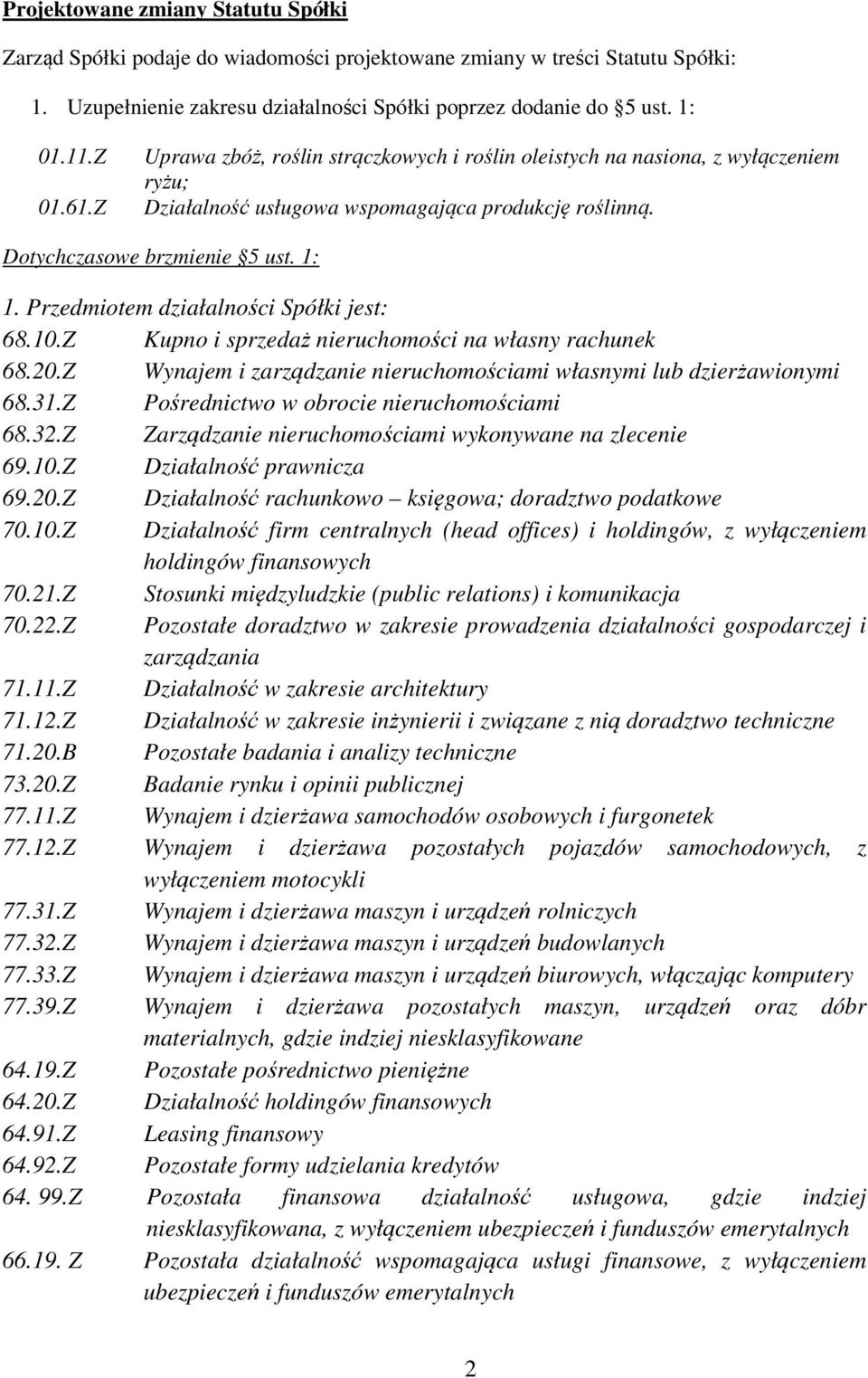 Przedmiotem działalności Spółki jest: 68.10.Z Kupno i sprzedaż nieruchomości na własny rachunek 68.20.Z Wynajem i zarządzanie nieruchomościami własnymi lub dzierżawionymi 68.31.