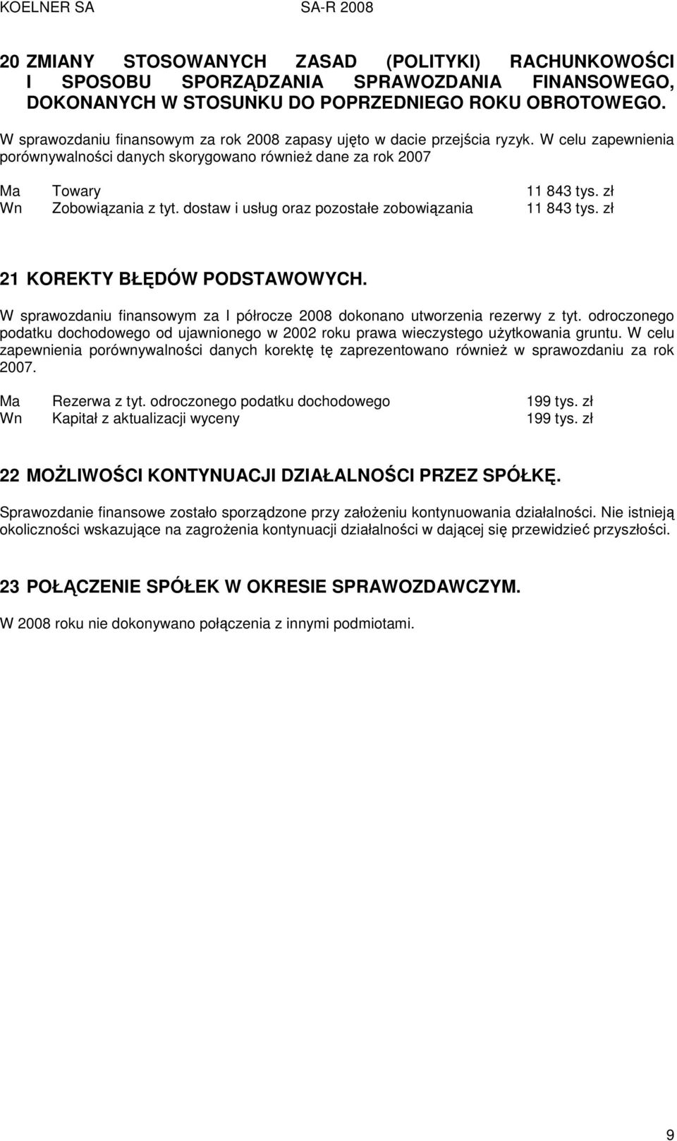 zł Wn Zobowiązania z tyt. dostaw i usług oraz pozostałe zobowiązania 11 843 tys. zł 21 KOREKTY BŁĘDÓW PODSTAWOWYCH. W sprawozdaniu finansowym za I półrocze 2008 dokonano utworzenia rezerwy z tyt.
