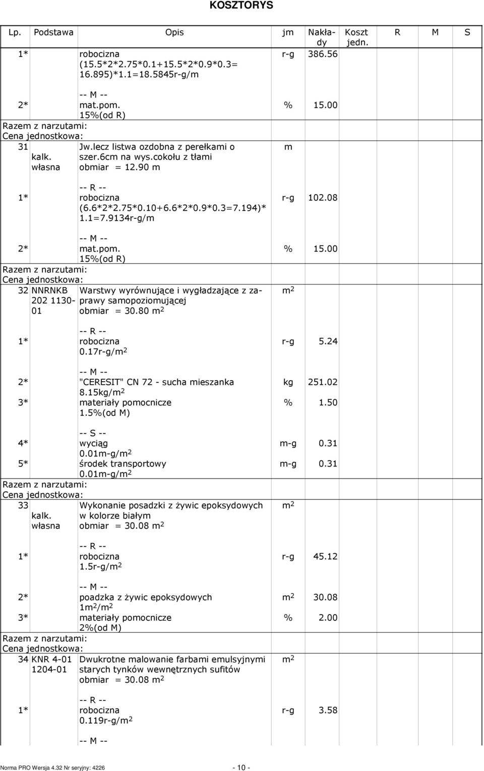 80 2 % 15.00 r-g 102.08 % 15.00 2 0.17r-g/ 2 r-g 5.24 kg 251.02 2* "CERESIT" CN 72 - sucha ieszanka 8.15kg/ 2 3* ateriały poocnicze -g 0.31 -g 0.31 0.01-g/ 2 5* środek transportowy 0.01-g/ 2 33 kalk.
