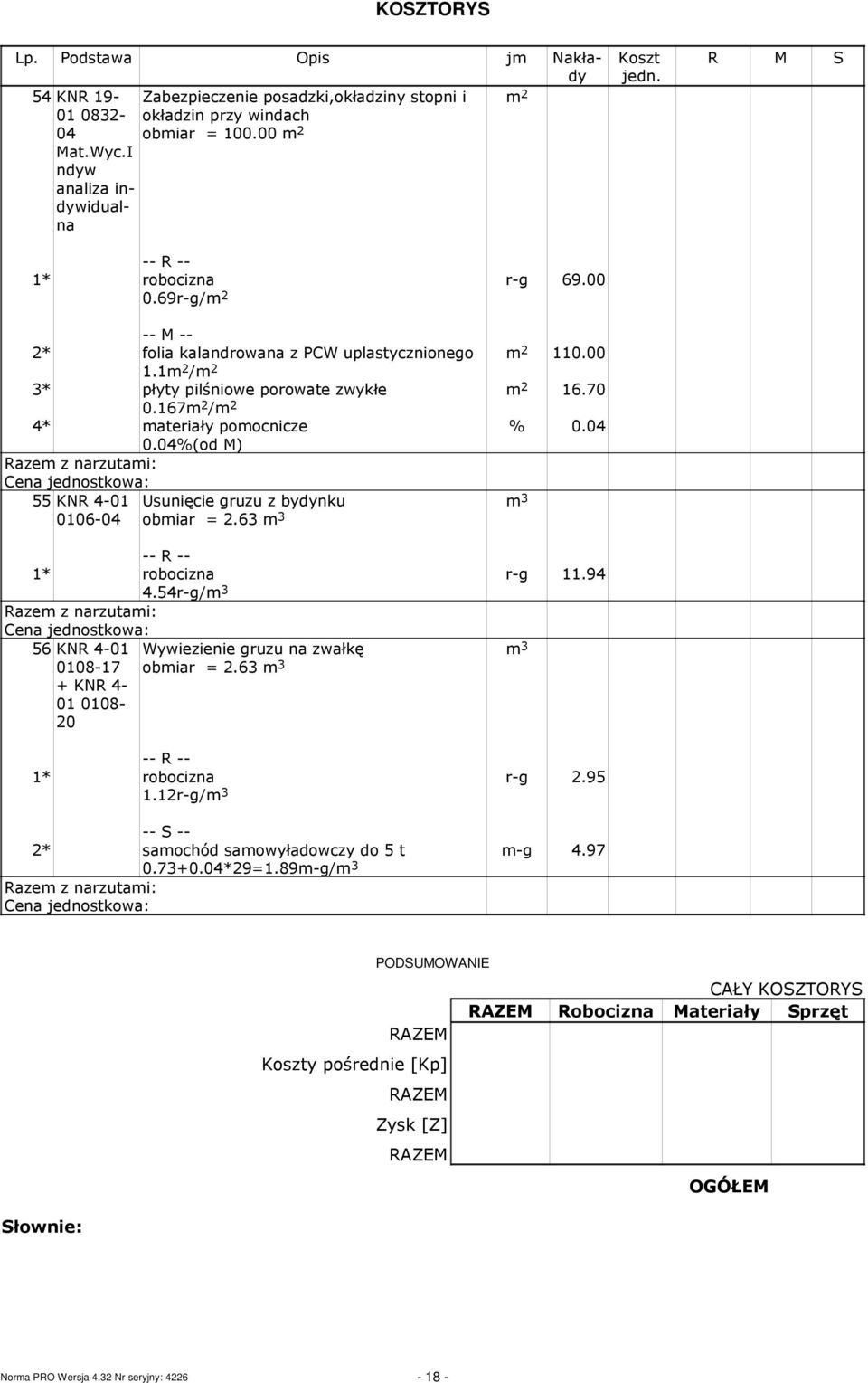 04%(od M) 55 KNR 4-01 0106-04 Usunięcie gruzu z bydynku obiar = 2.63 3 3 r-g 11.94 4.54r-g/ 3 56 KNR 4-01 0108-17 + KNR 4-01 0108-20 Wywiezienie gruzu na zwałkę obiar = 2.63 3 3 1.