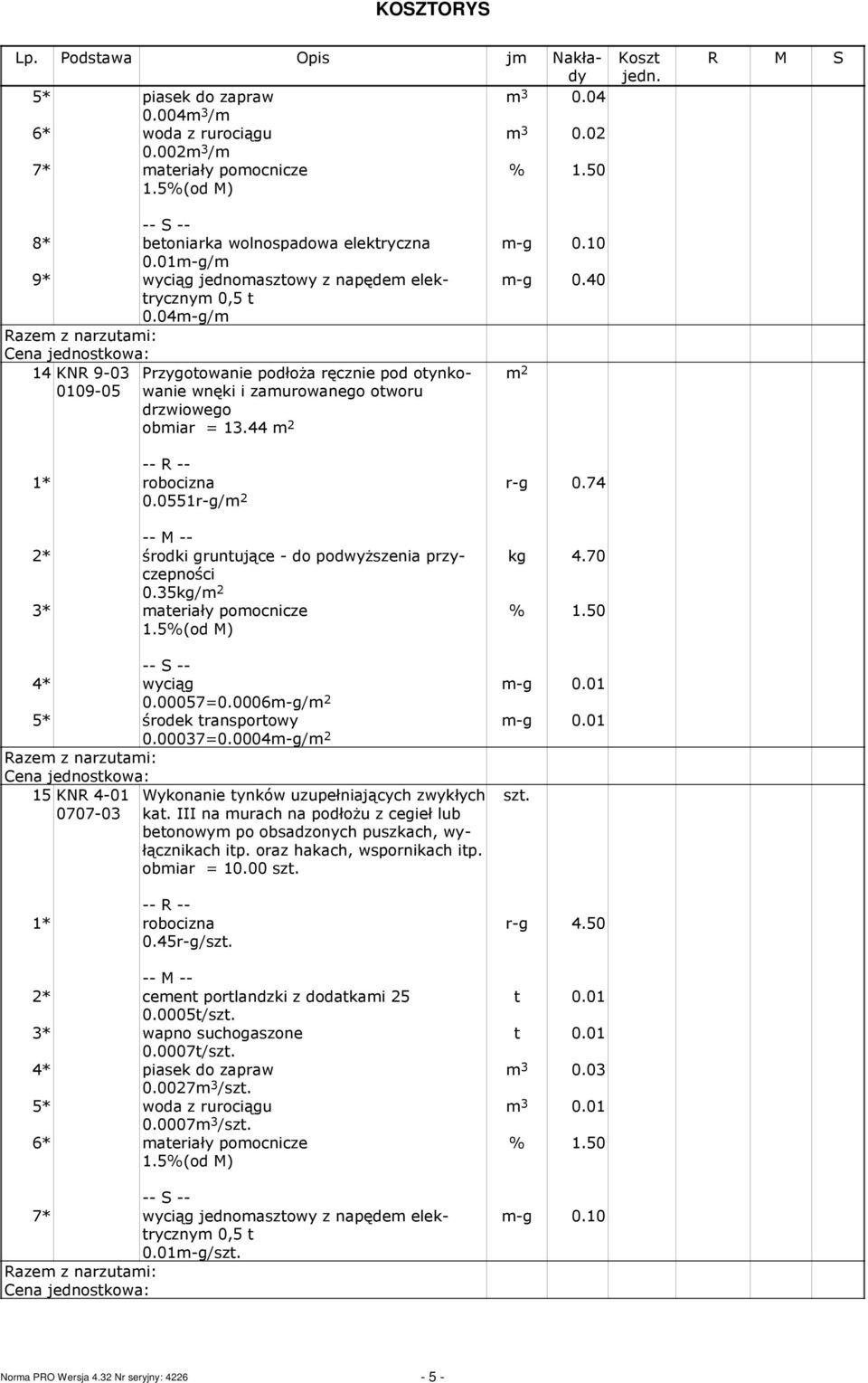 40 2 0.0551r-g/ 2 r-g 0.74 2* środki gruntujące - do podwyŝszenia przyczepności 0.35kg/ 2 3* ateriały poocnicze kg 4.70 -g 0.01 -g 0.01 0.00057=0.0006-g/ 2 5* środek transportowy 0.00037=0.