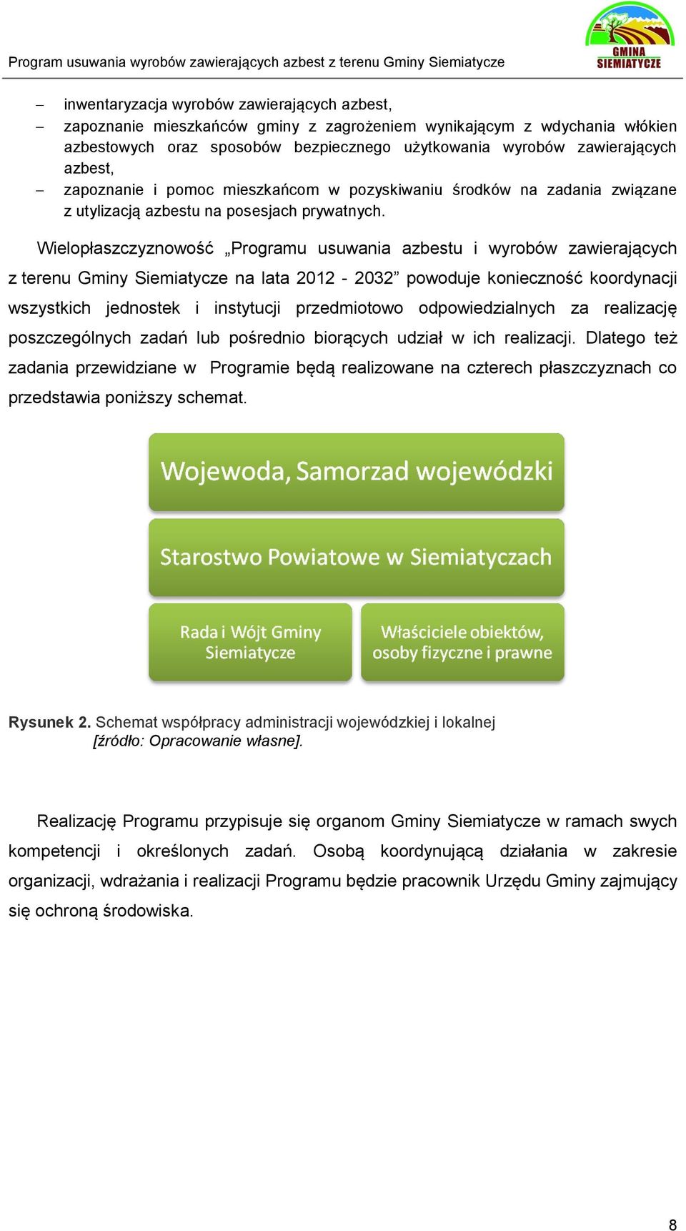Wielopłaszczyznowość Programu usuwania azbestu i wyrobów zawierających z terenu Gminy Siemiatycze na lata 2012-2032 powoduje konieczność koordynacji wszystkich jednostek i instytucji przedmiotowo