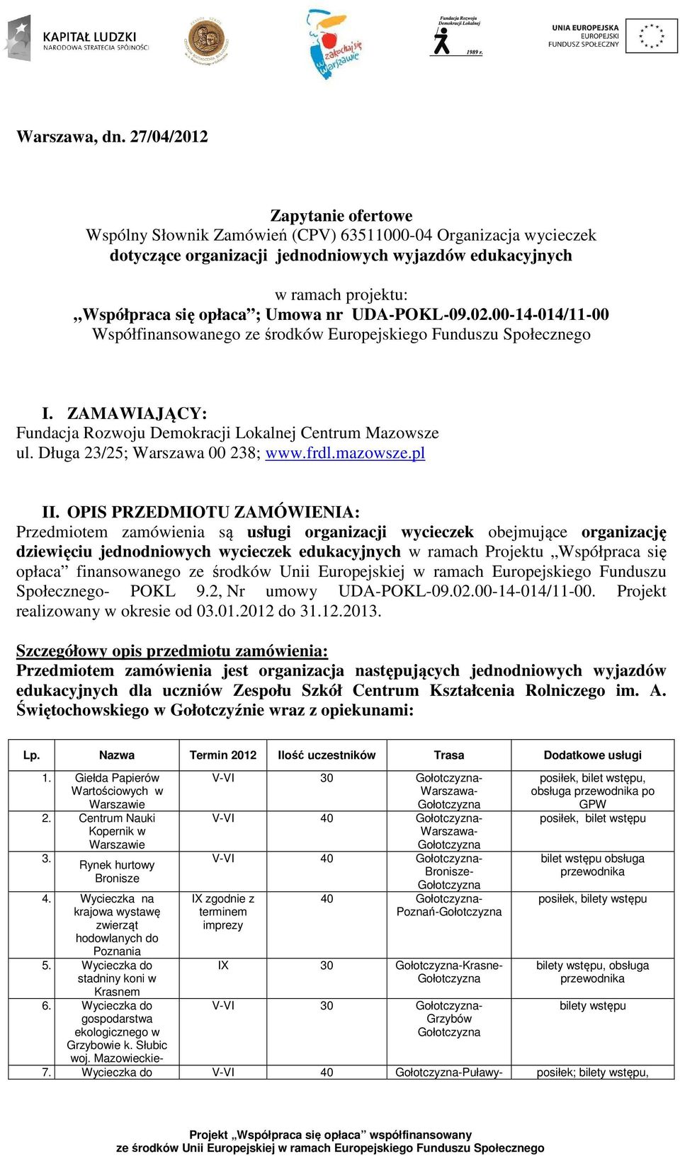 Umowa nr UDA-POKL-09.02.00-14-014/11-00 Współfinansowanego ze środków Europejskiego Funduszu Społecznego I. ZAMAWIAJĄCY: Fundacja Rozwoju Demokracji Lokalnej Centrum Mazowsze ul.