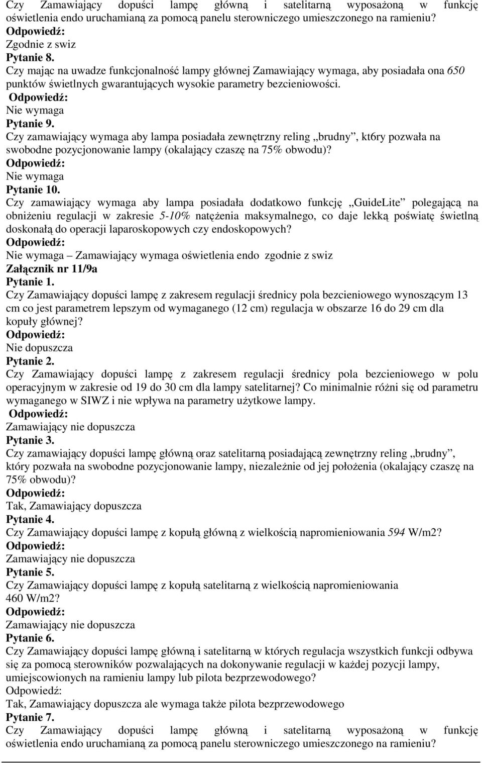 Czy zamawiający wymaga aby lampa posiadała zewnętrzny reling brudny, kt6ry pozwała na swobodne pozycjonowanie lampy (okalający czaszę na 75% obwodu)? Nie wymaga Pytanie 10.
