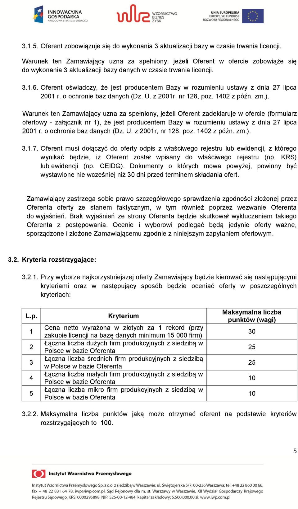 Oferent oświadczy, że jest producentem Bazy w rozumieniu ustawy z dnia 27 lipca 2001 r. o ochronie baz danych (Dz. U. z 2001r, nr 128, poz. 1402 z późn. zm.).