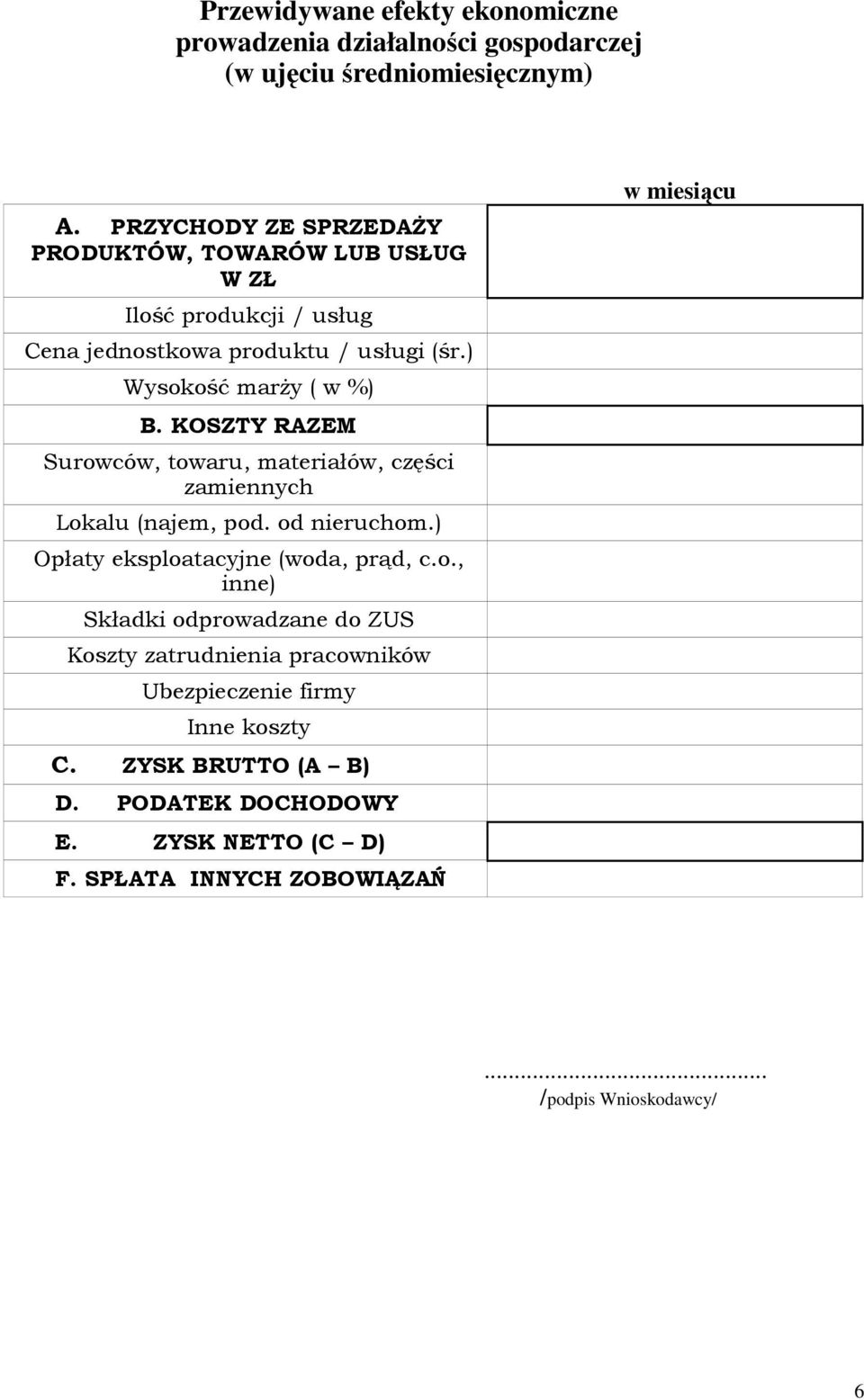 KOSZTY RAZEM Surowców, towaru, materiałów, części zamiennych Lokalu (najem, pod. od nieruchom.) Opłaty eksploatacyjne (woda, prąd, c.o., inne) Składki odprowadzane do ZUS Koszty zatrudnienia pracowników Ubezpieczenie firmy Inne koszty C.