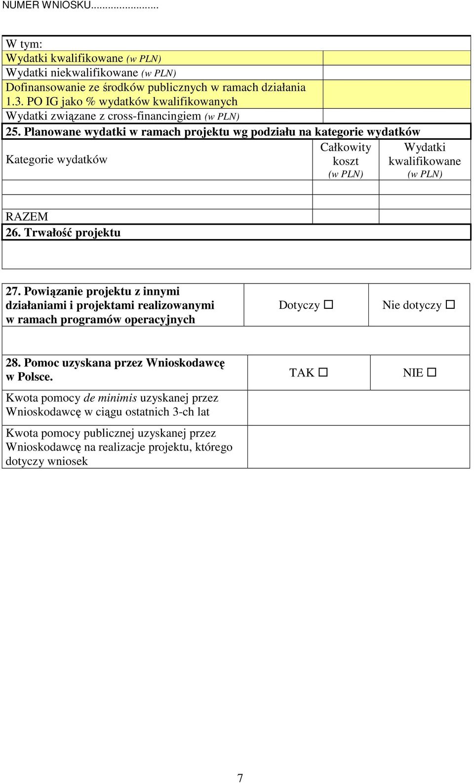 Planowane wydatki w ramach projektu wg podziału na kategorie wydatków Kategorie wydatków Całkowity koszt (w PLN) Wydatki kwalifikowane (w PLN) RAZEM 26. Trwałość projektu 27.