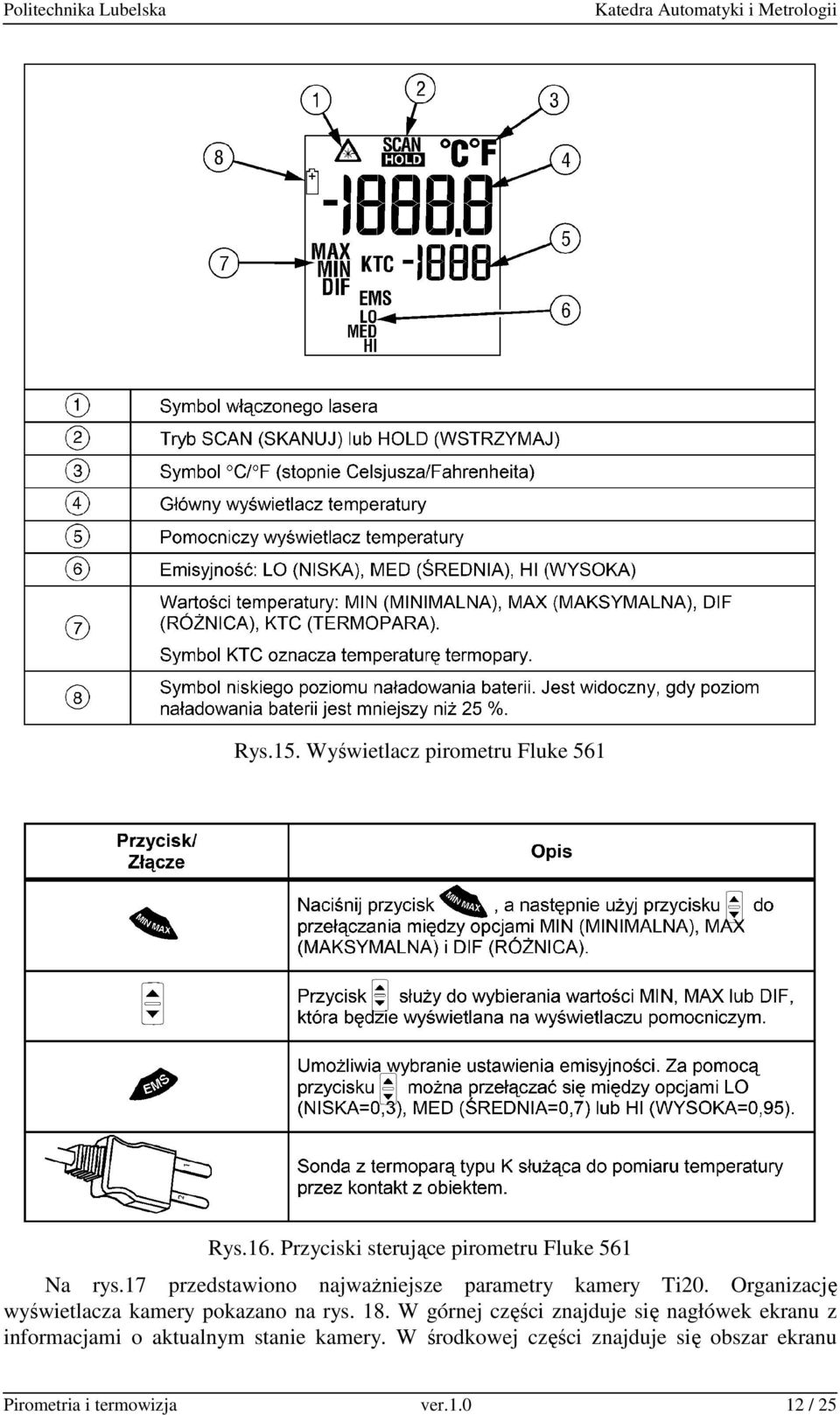 17 przedstawiono najwaŝniejsze parametry kamery Ti0.