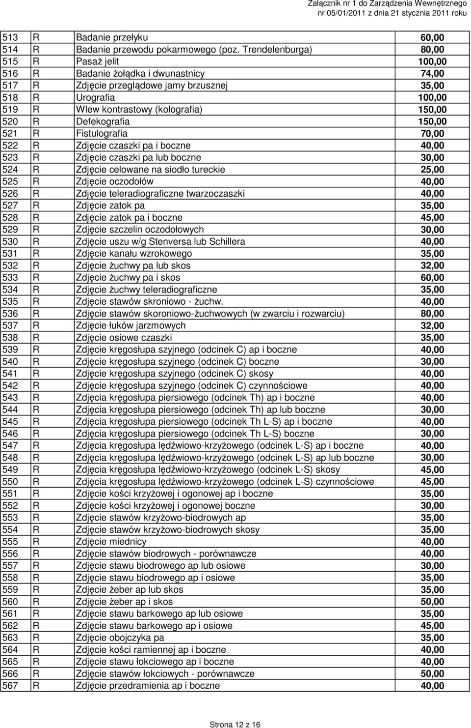 Defekografia 1 521 R Fistulografia 70,00 522 R Zdjęcie czaszki pa i boczne 40,00 523 R Zdjęcie czaszki pa lub boczne 30,00 524 R Zdjęcie celowane na siodło tureckie 25,00 525 R Zdjęcie oczodołów