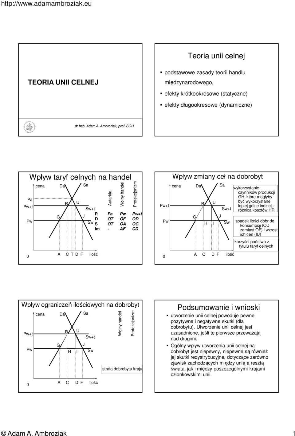 Pa Pw Pw+t J D OT OF OD Sw S OT OA OC Im - AF CD ilość Autarkia Wolny handel Protekcjonizm Pw+t Pw 0 Wpływ zmiany ceł na dobrobyt cena G A Da R C H U I D F Sa J Sw+t Sw ilość wykorzystanie czynników