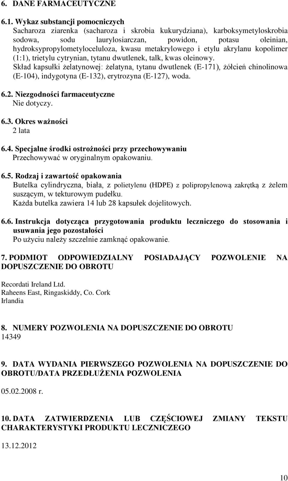 metakrylowego i etylu akrylanu kopolimer (1:1), trietylu cytrynian, tytanu dwutlenek, talk, kwas oleinowy.