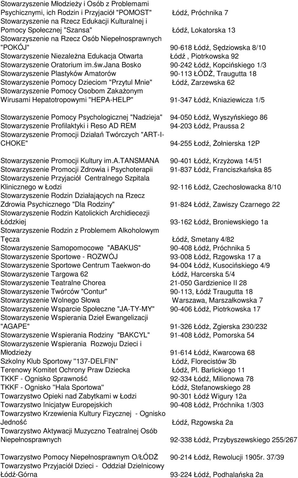 jana Bosko 90-242 Łódź, Kopcińskiego 1/3 Stowarzyszenie Plastyków Amatorów 90-113 ŁÓDŹ, Traugutta 18 Stowarzyszenie Pomocy Dzieciom "Przytul Mnie" Łódź, Zarzewska 62 Stowarzyszenie Pomocy Osobom