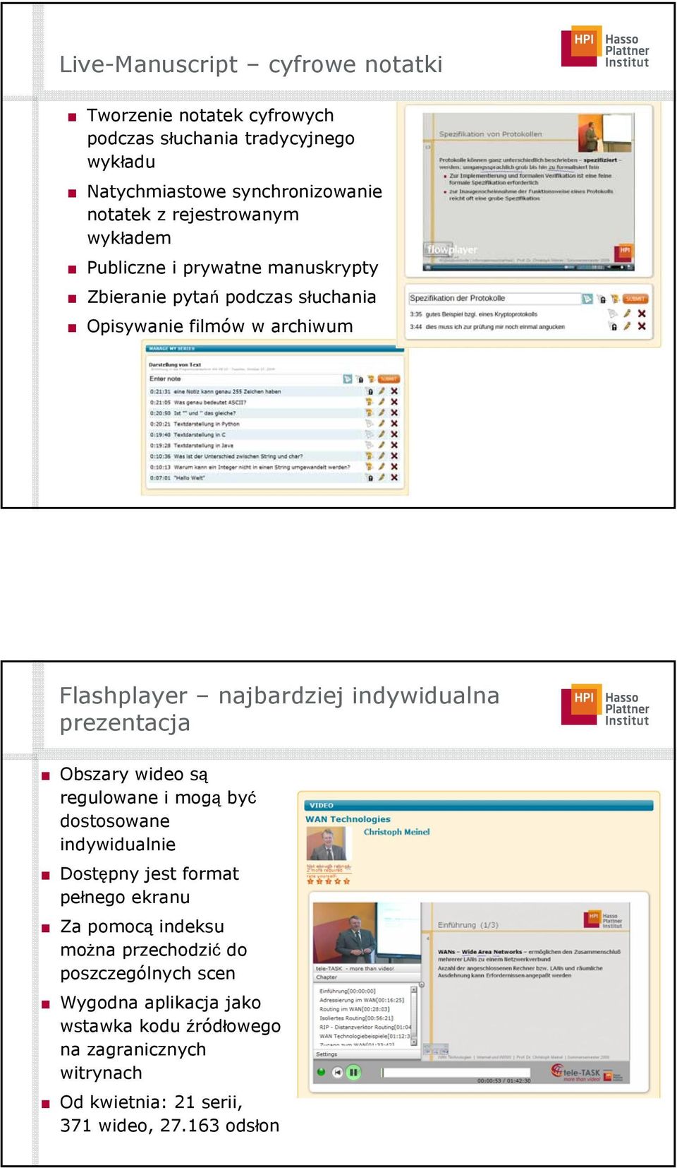 indywidualna prezentacja Obszary wideo są regulowane i mogą być dostosowane indywidualnie Dostępny jest format pełnego ekranu Za pomocą indeksu