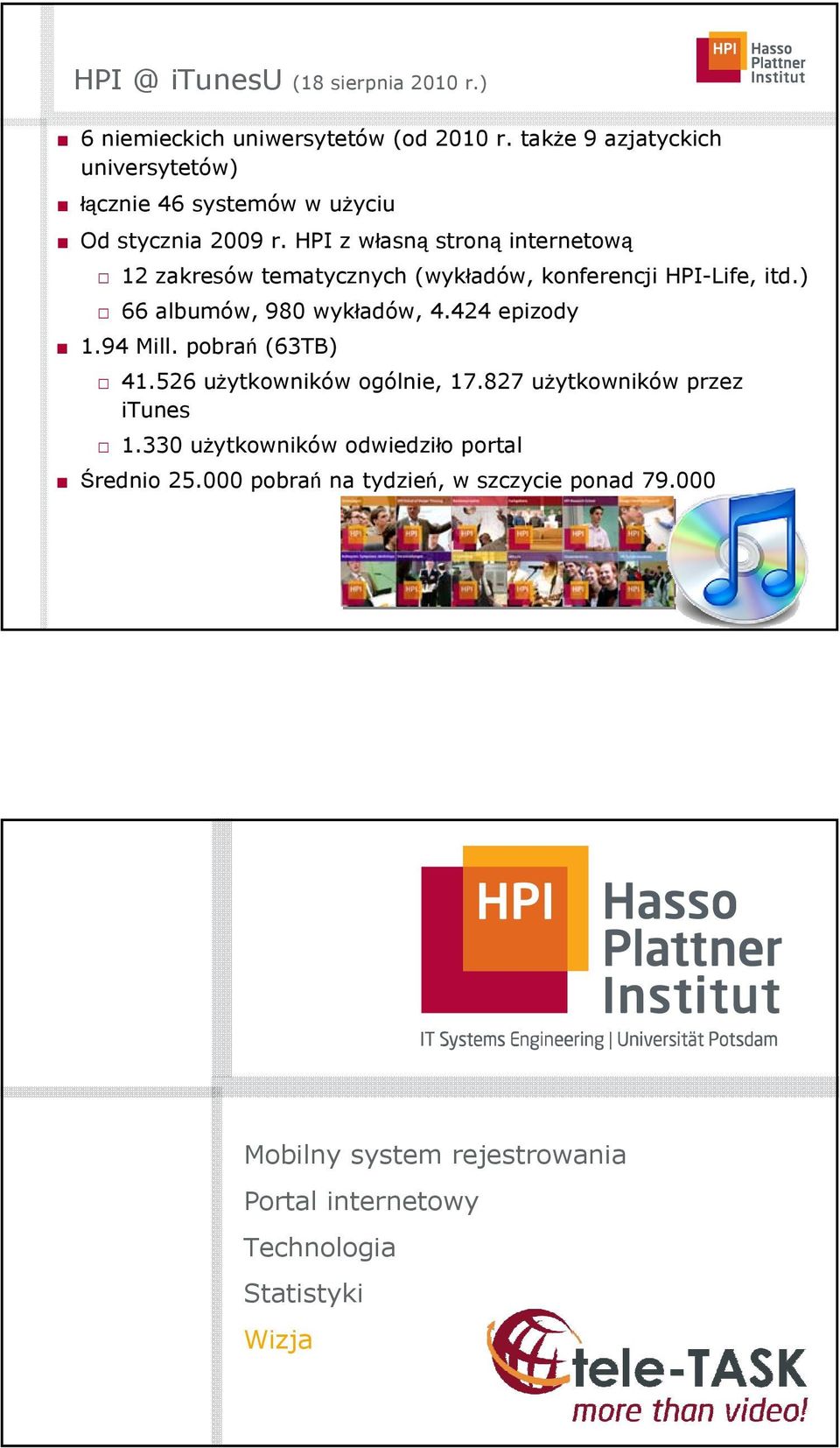 HPI z własną stroną internetową 12 zakresów tematycznych (wykładów, konferencji HPI-Life, itd.) 66 albumów, 980 wykładów, 4.424 epizody 1.