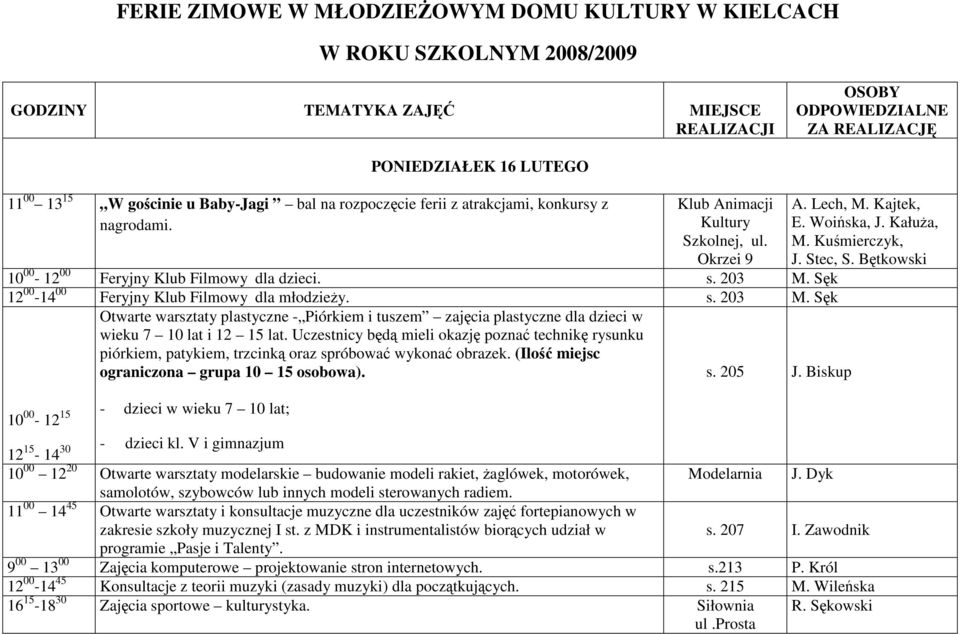 Sęk 12 00-14 00 Feryjny Klub Filmowy dla młodzieŝy. s. 203 M. Sęk Otwarte warsztaty plastyczne - Piórkiem i tuszem zajęcia plastyczne dla dzieci w wieku 7 10 lat i 12 15 lat.