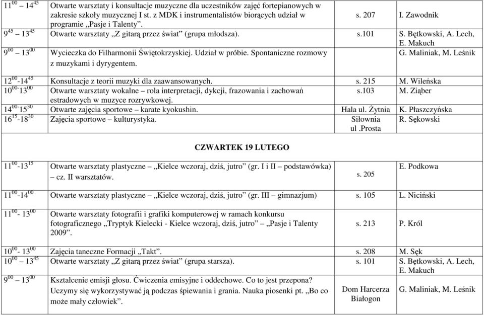 Udział w próbie. Spontaniczne rozmowy z muzykami i dyrygentem. E. Makuch 12 00-14 45 Konsultacje z teorii muzyki dla zaawansowanych. s. 215 M.