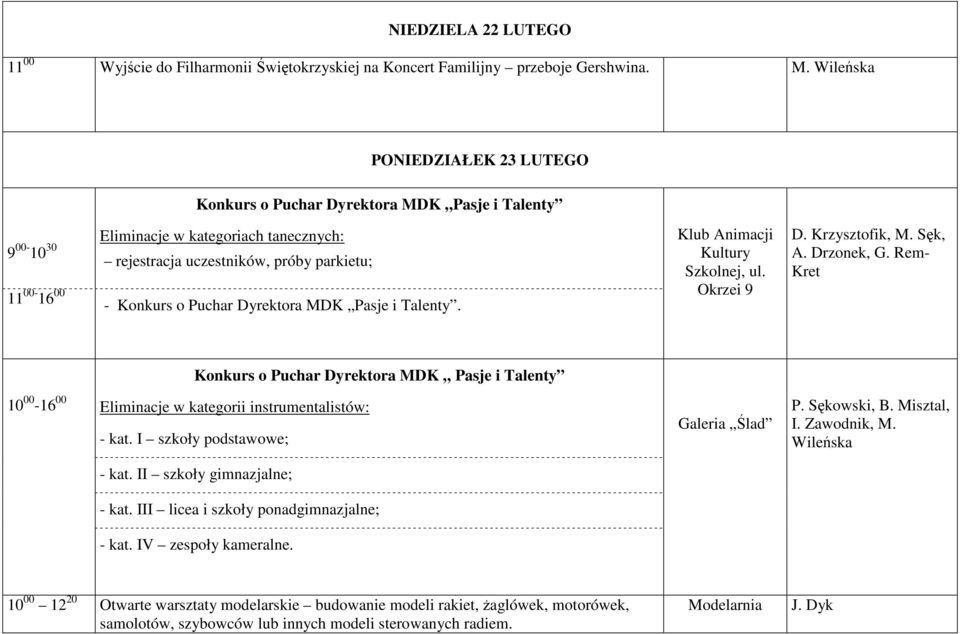 Dyrektora MDK Pasje i Talenty. Klub Animacji D. Krzysztofik, M. Sęk, A. Drzonek, G.