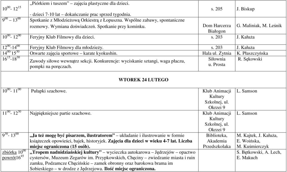 KałuŜa 12 00-14 00 Feryjny Klub Filmowy dla młodzieŝy. s. 203 J. KałuŜa 14 00-15 30 Otwarte zajęcia sportowe karate kyokushin. Hala ul. śytnia K.