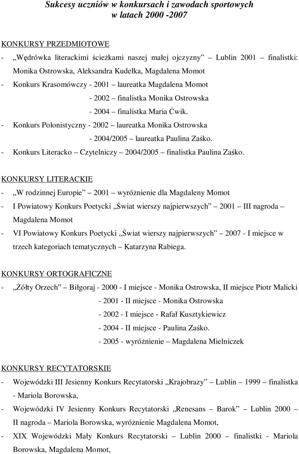 - Konkurs Polonistyczny - 2002 laureatka Monika Ostrowska - 2004/2005 laureatka Paulina Zaśko. - Konkurs Literacko Czytelniczy 2004/2005 finalistka Paulina Zaśko.