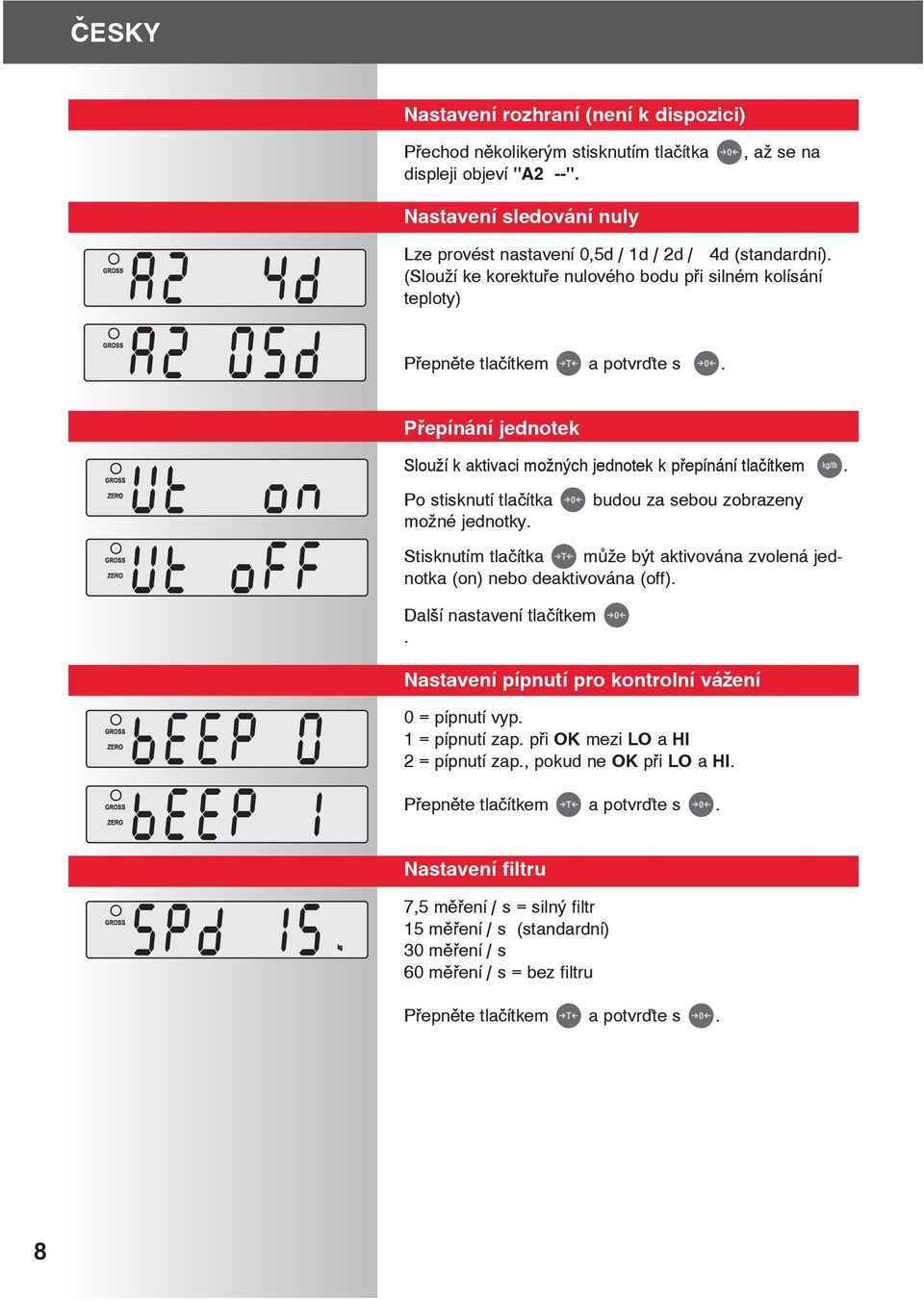 Po stisknutí tlaítka možné jednotky. budou za sebou zobrazeny Stisknutím tlaítka mže být aktivována zvolená jednotka (on) nebo deaktivována (off). Další nastavení tlaítkem.