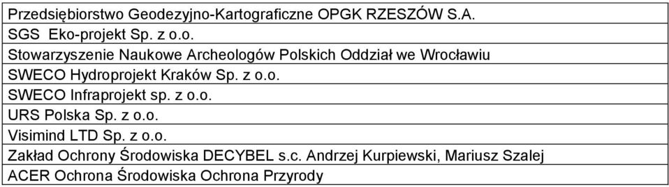 Naukowe Archeologów Polskich Oddział we Wrocławiu SWECO Hydroprojekt Kraków Sp. z o.o. SWECO Infraprojekt sp.