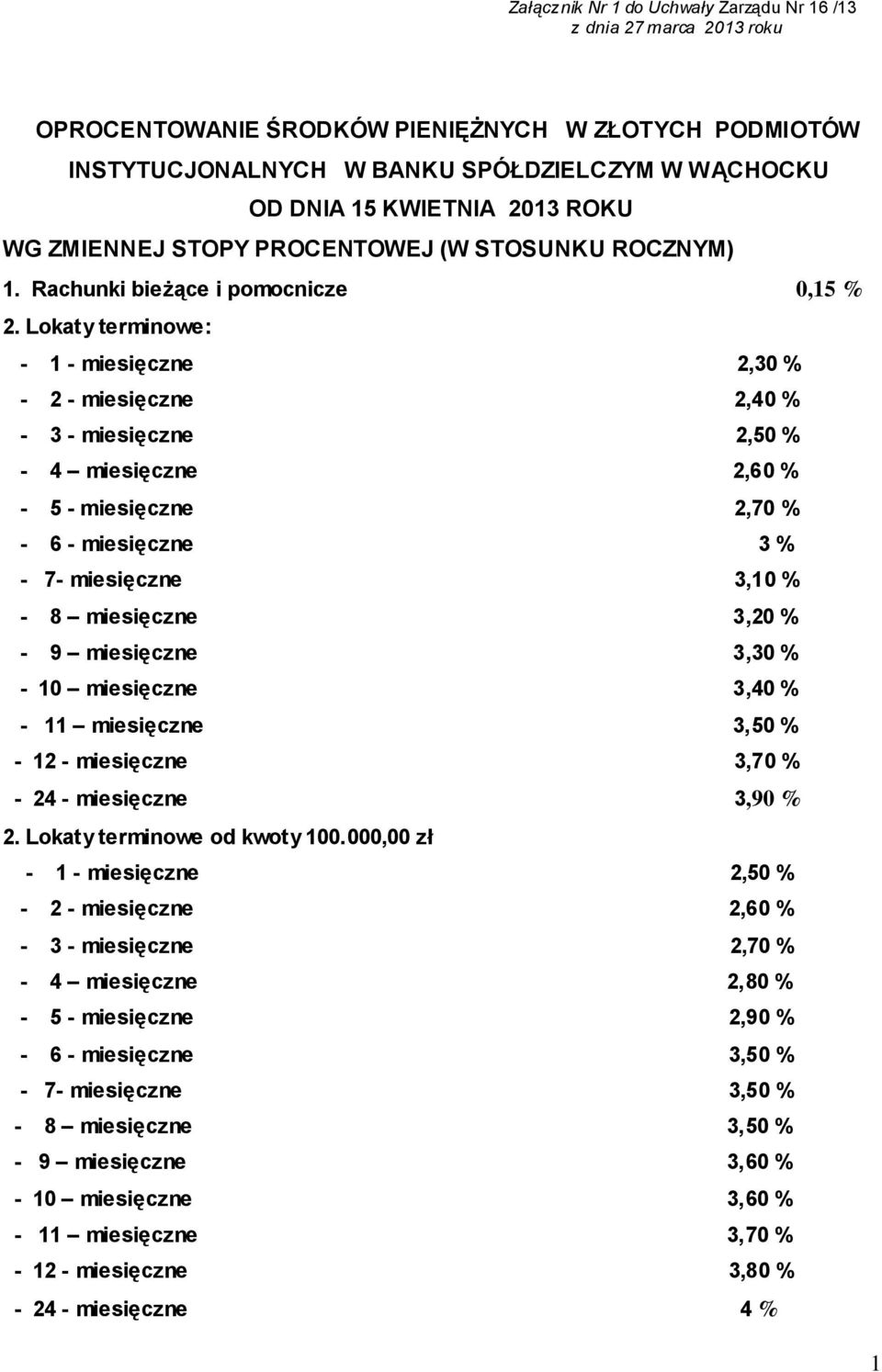 Lokaty terminowe: - 1 - miesięczne 2,30 % - 2 - miesięczne 2,40 % - 3 - miesięczne 2,50 % - 4 miesięczne 2,60 % - 5 - miesięczne 2,70 % - 6 - miesięczne 3 % - 7- miesięczne 3,10 % - 8 miesięczne 3,20