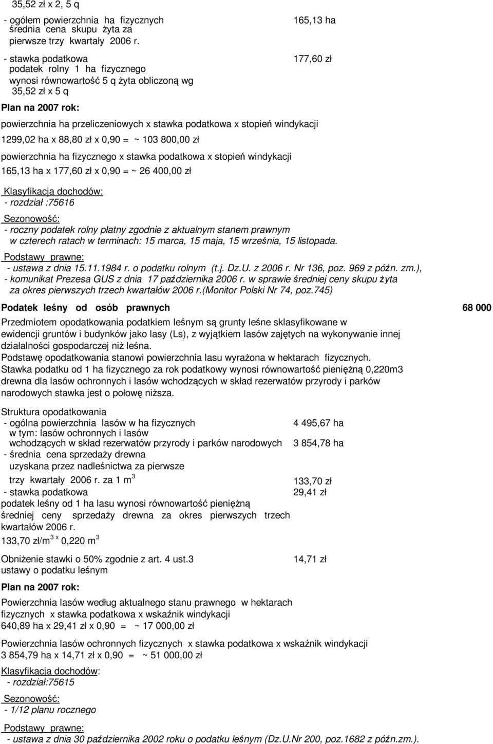 windykacji 1299,02 ha x 88,80 zł x 0,90 = ~ 103 800,00 zł powierzchnia ha fizycznego x stawka podatkowa x stopień windykacji 165,13 ha x 177,60 zł x 0,90 = ~ 26 400,00 zł - rozdział :75616 - roczny