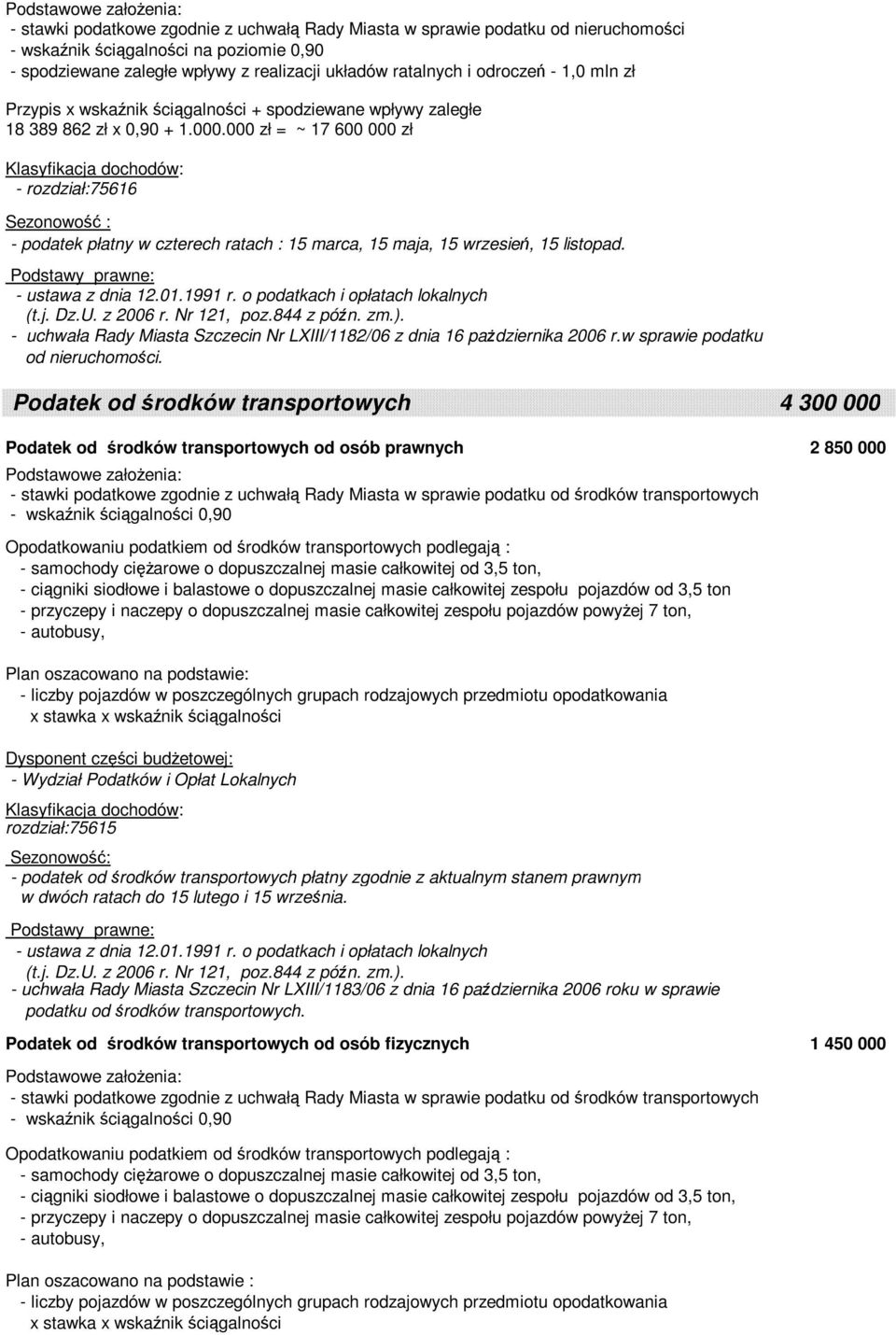 000 zł = ~ 17 600 000 zł - rozdział:75616 Sezonowość : - podatek płatny w czterech ratach : 15 marca, 15 maja, 15 wrzesień, 15 listopad.